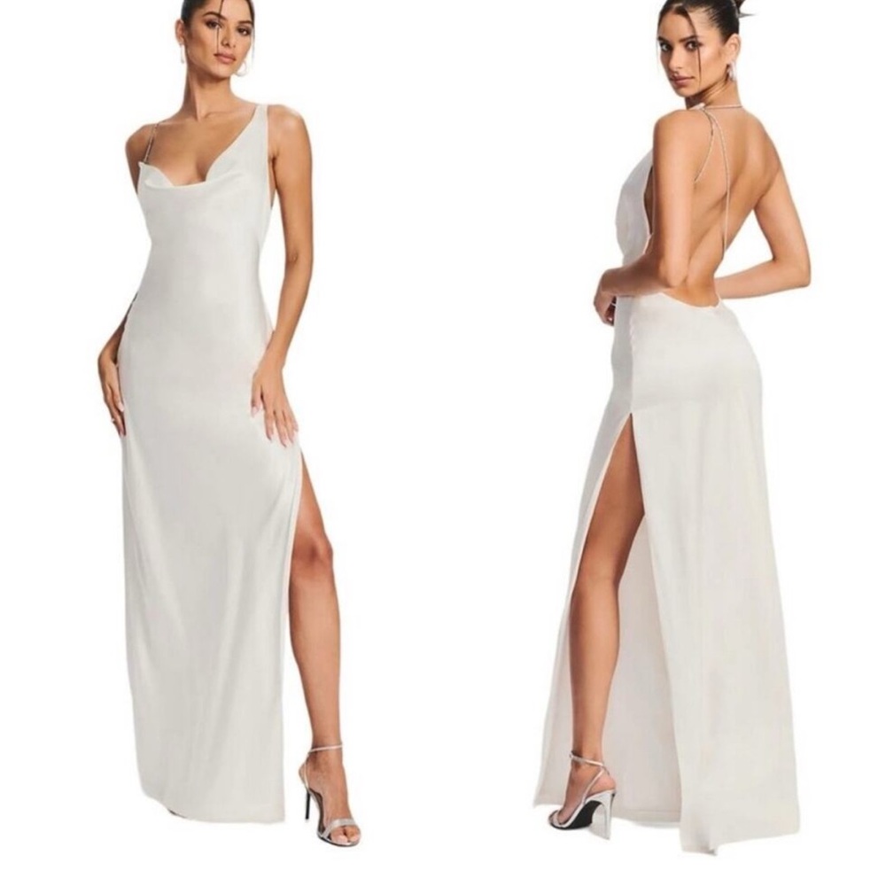 RETROFETE Morena Gown Dress White Cowl Neck Sleeveless Open Back Size XL
